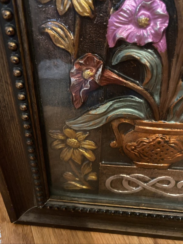 Vtg painting of a vase embossed w/multi color flowers Hand Painted, 3D Flowers gallery