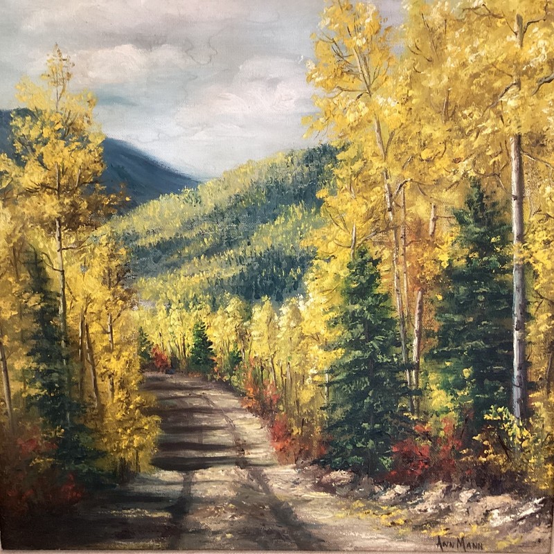 CANVAS OIL PAINTING by Ann Mann 26x22 Ornate Wood Frame Mountains and Trees gallery