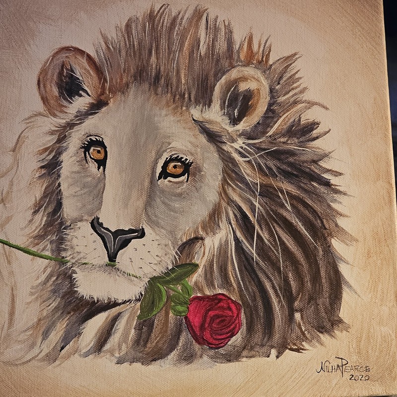 "Lion With Red Rose" Painting On Canvas By Nilha Pearce & Numbered 132 MINT Cond gallery