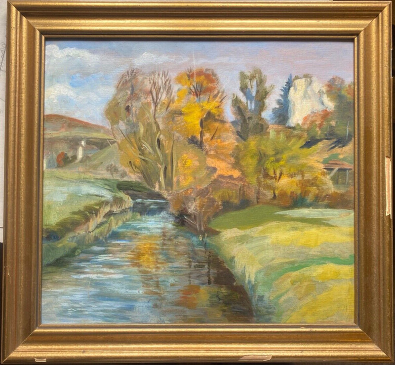 ::OIL PAINTING AUTUMN LANDSCAPE WITH RIVER PERGOLA ROCKS