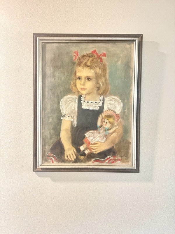 Poignant European Wartime Girl with Doll 1940s Signed Modernist Oil Portrait