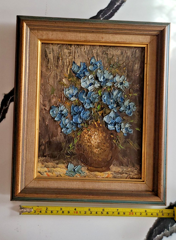 Unsigned OIL PAINTING 10″ x 13″ Textured BLUE FLORAL BOUQUET in Copper VASE
