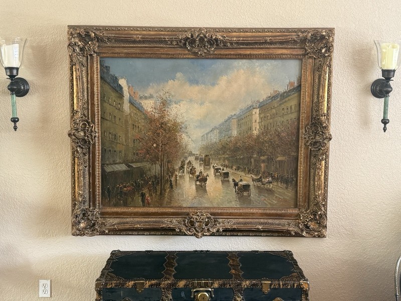 Large T E Pencke Oil Painting Scene Of French Street Amazing Frame 61” X 48”