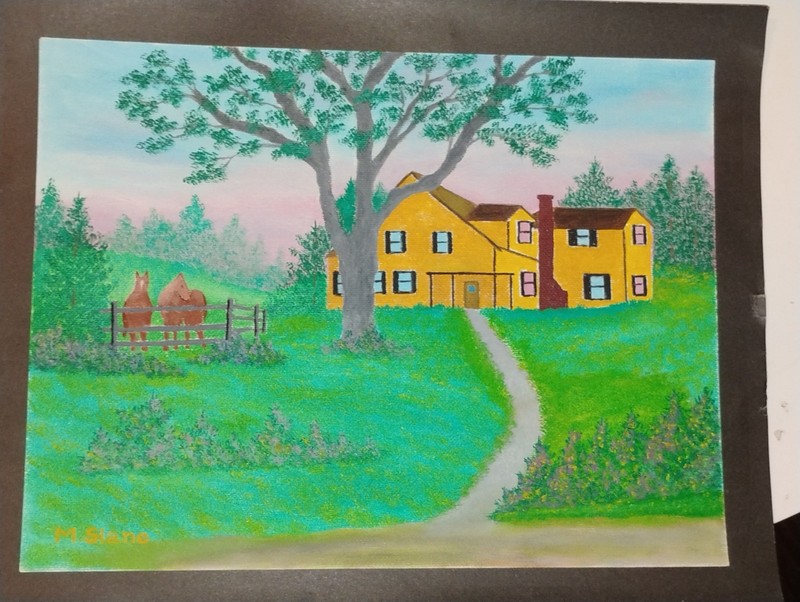 Vtg Folk Art Oil Painting Rustic Colonial Homestead Horses Signed Merrill Slane gallery