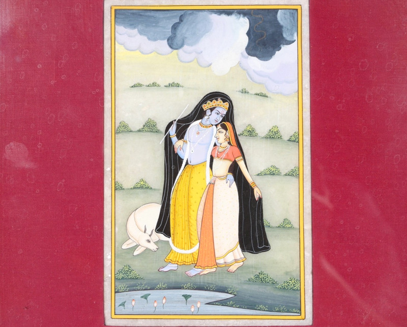 Pair Of Indian Painted Krishna Abhisarika, Kangra Miniature Painting On Stone gallery