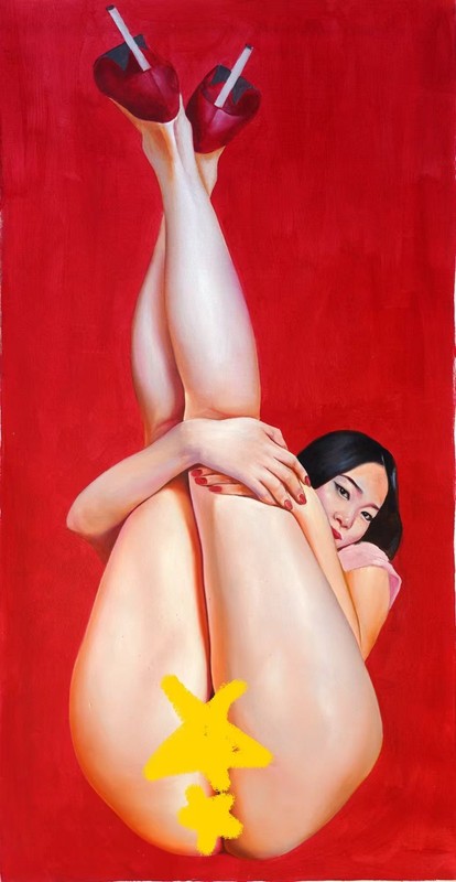 «Take a Number» NAKED GIRL Hand-painted Oil Painting 19.7×38.2 OOAK