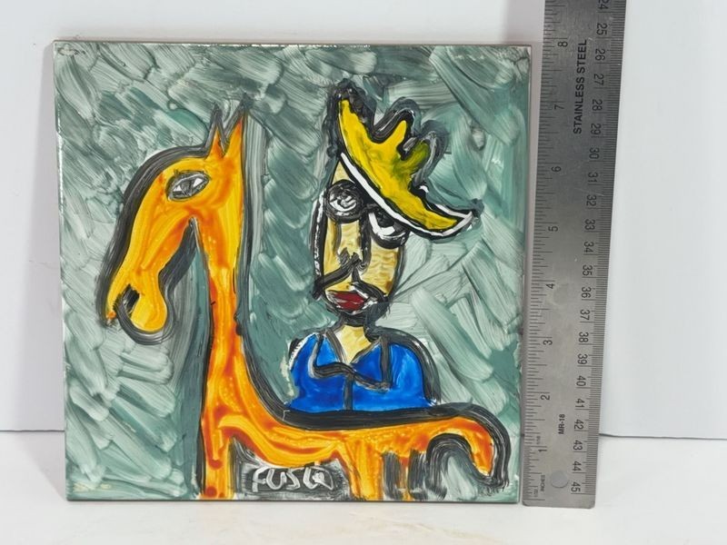 Jose Fuster Authentic Cuban Tile Painting Signed by Artist 8" x 8" Man and Horse gallery
