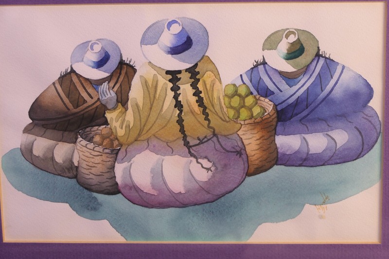 PAINTING WATERCOLOR ORIGINAL PERUVIAN SOUTH AMERICAN WOMAN WITH BASKETS SITTING gallery