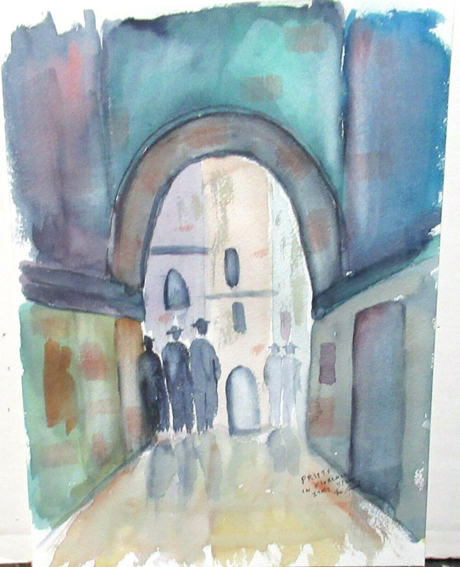 HERSEND «PRIEST IN FLORANCE ITALY» ORIGINAL WATERCOLOR STREET SCENE PAINTING