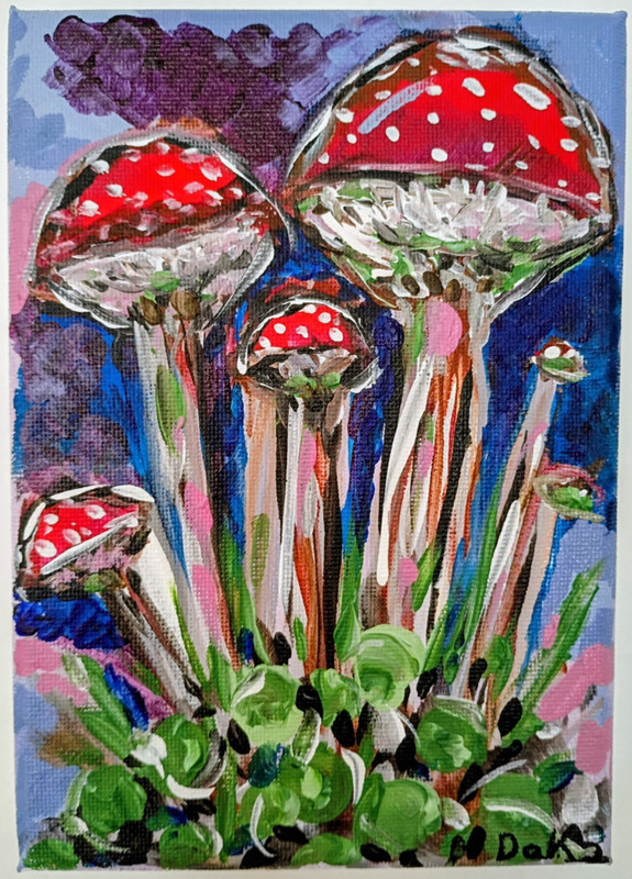 Trippy Mushrooms 5x7 Canvas Original Art Purple Red Abstract Hippie Retro gallery