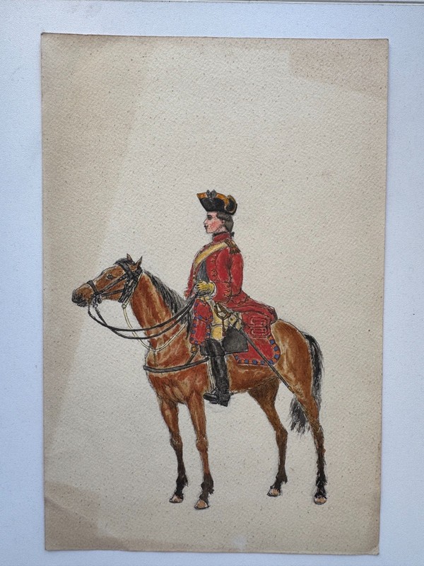 Antique 19th C French Gouache Painting Napoleonic Military Uniform Equestrian