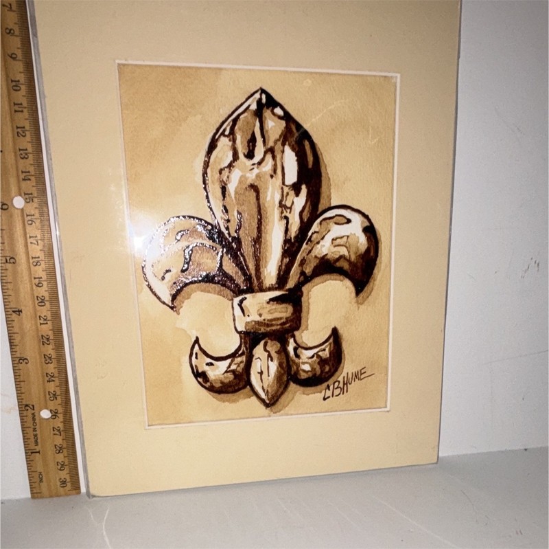 C. Brune Signed Matted Fleur-de-lis Painting Illustration Art on Paper