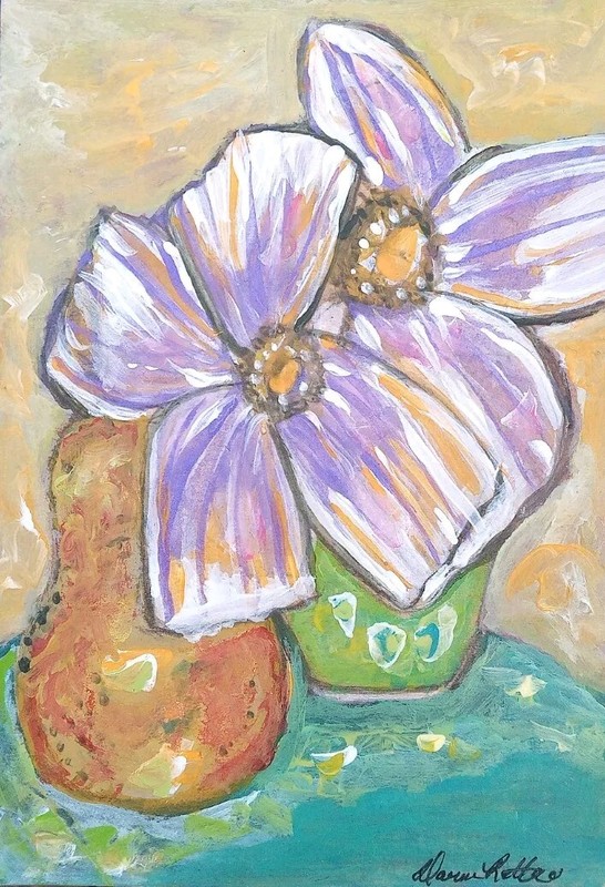 Original Art Acrylic On Paper Clematis & A Pear 6.5″ X 4.5″ OOAK Wall Art