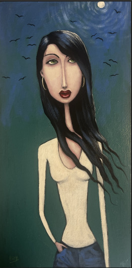 Terry Herb Original Outsider Art «Night of the Ravens» 12×24 Acrylic 2002