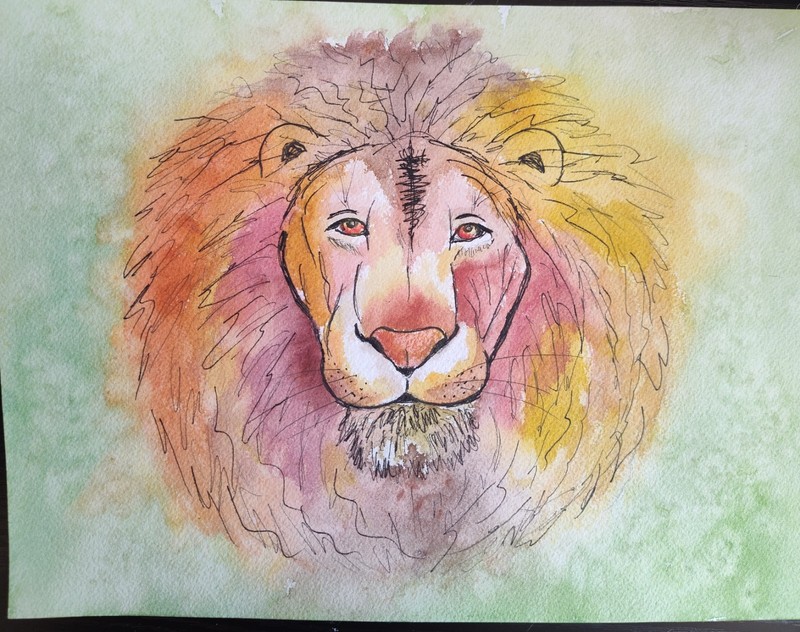 9 X 12 Inch Watercolor And Ink-Style Lion Painting on Paper, Contemporary