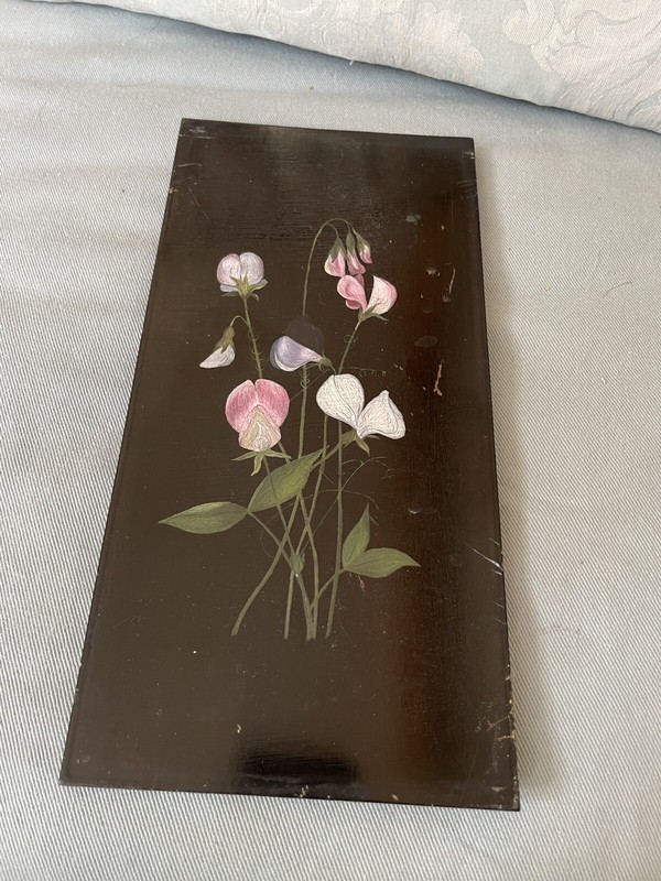 Antique Early American Hand Painted Sweet Peas on Wooden Board 12×6″