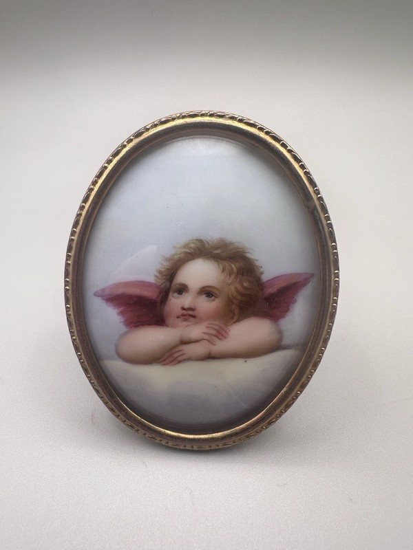 Antique Victorian Hand Painted Porcelain Cherub Plaque Miniature Painting Frame
