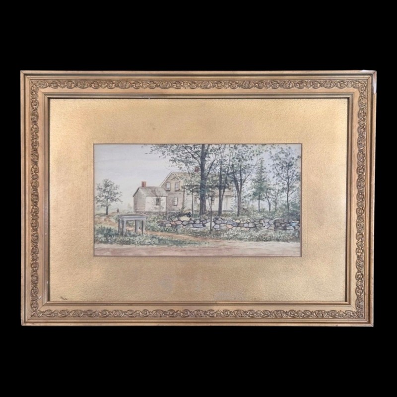 Antique Framed Watercolor Painting Farmhouse & Stone Wall Landscape New England