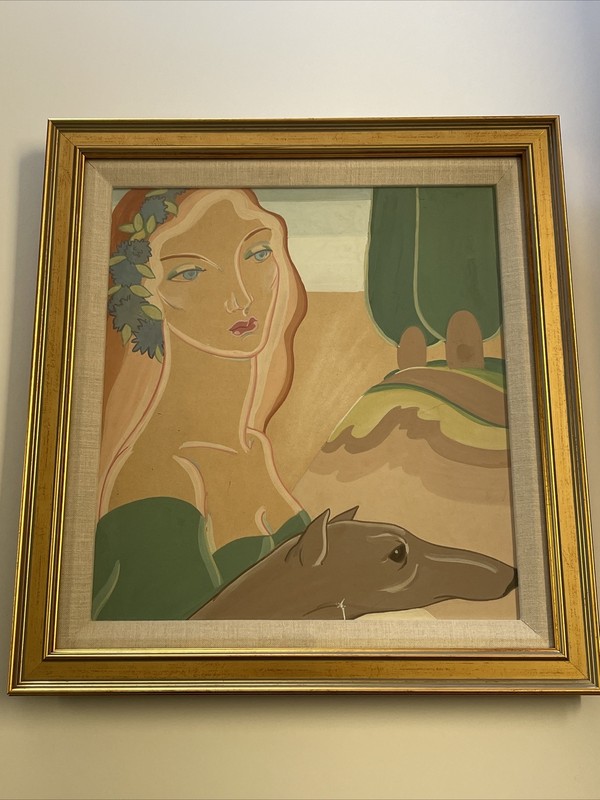 ART DECO PAINTING ANTIQUE GORGEOUS FEMALE MODEL PRETTY WOMN WITH DOG VINTAGE