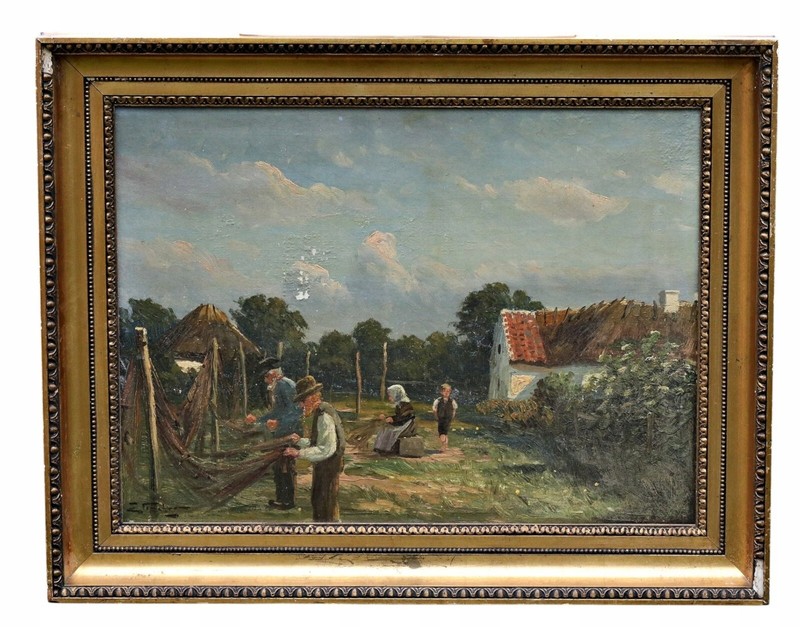 Edmund Fischer Signed Farm Fish Village Scene Oil Painting Framed