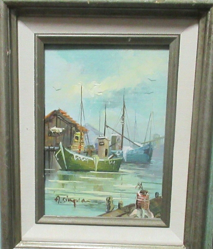A.SIMPSON FISHING BOATS HARBOR SCENE ORIGINAL OIL ON BOARD SEASCAPE PAINTING