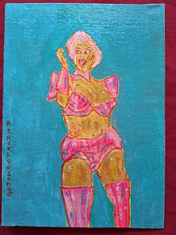 Pink blue acrylic & Inks «Cardi B» 5×7 canvas Limited 1/1 with POA