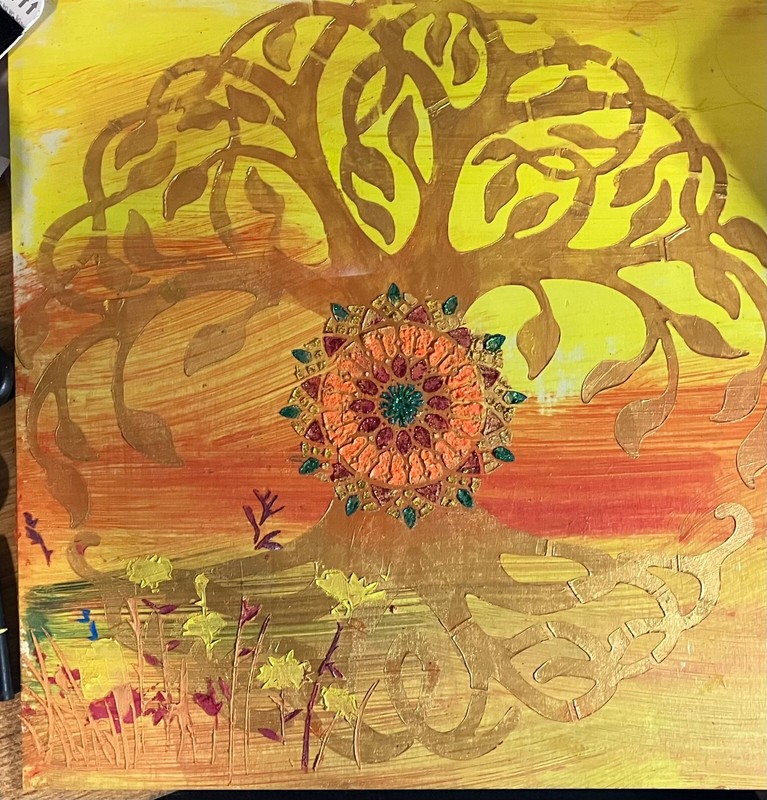 Original Hand-Painted Sunset Tree and Mandala – 12×12 Acrylic on Balsa Wood