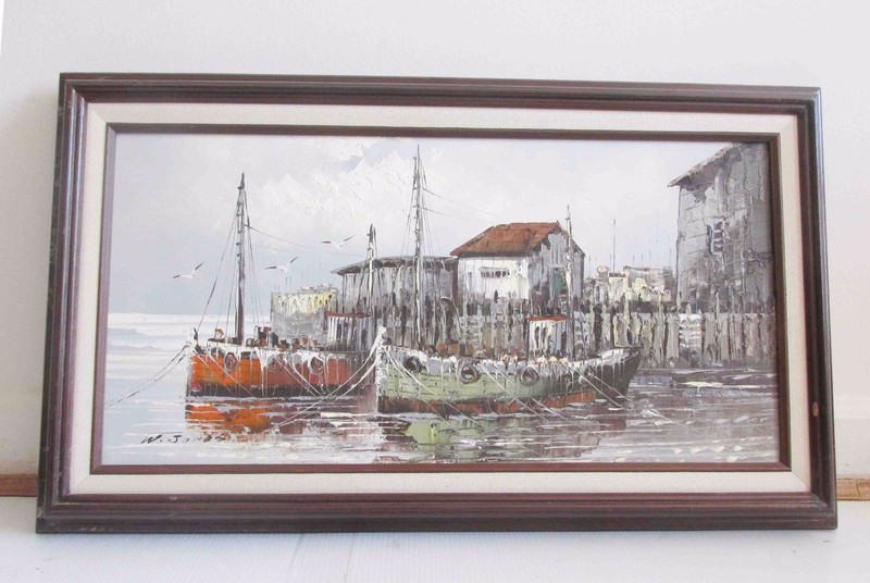 W.JONES HARBOR SCENE Ship Boat OIL ON CANVAS PAINTING ORIGINAL framed 28" Wide gallery