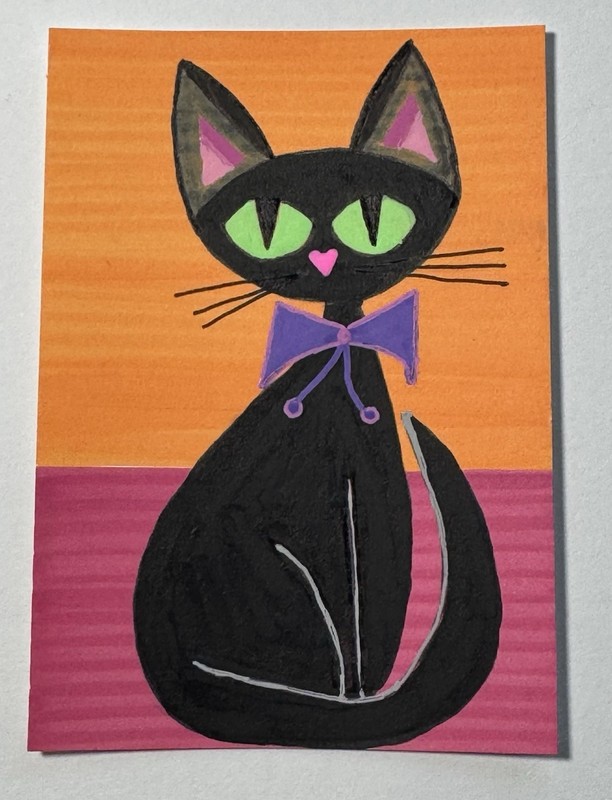 ACEO Original Acrylic Mini Painting Mid Century Modern Cat 2.5 X 3.5 Signed. gallery