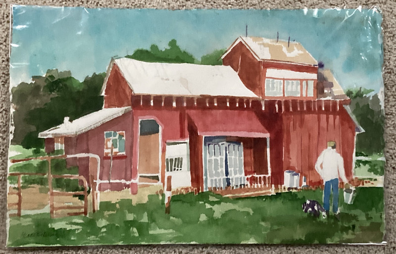 Original Watercolor Signed Rural Landscape Red barnyard farm