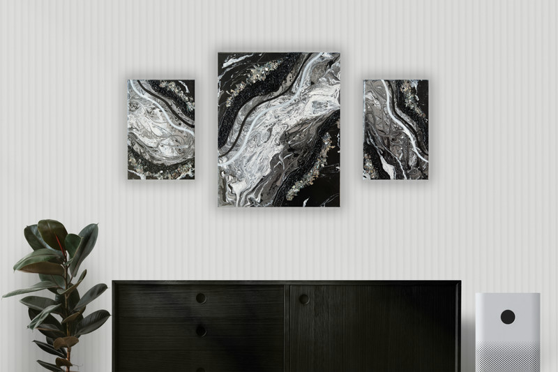 Midnight Currents – Modern Geode Textured Abstract Wall Art Set of 3