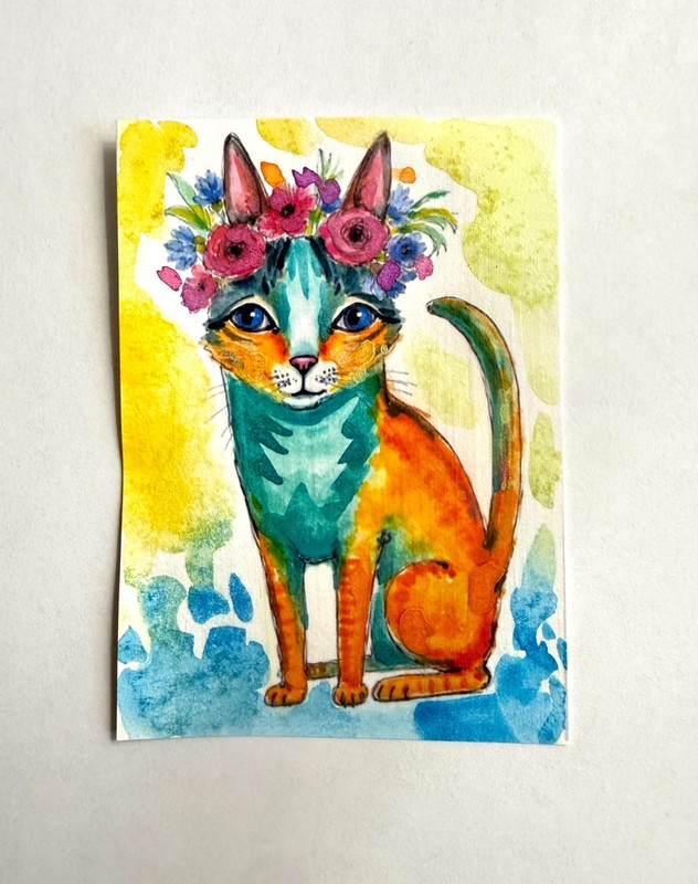Flower Crown Cat ACEO Original Watercolor Painting OOAK Cat Art by AdriO gallery