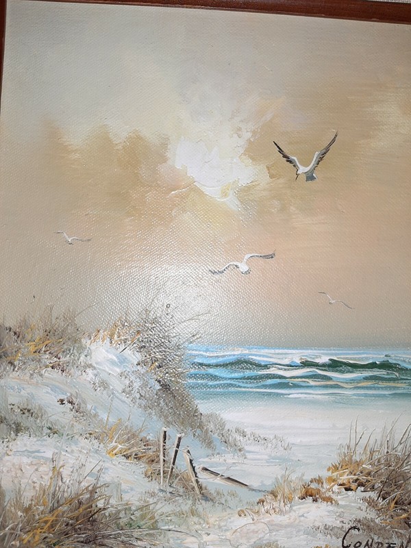 Conden signed oil Painting Board Signed Seascape Beach Seagulls 8x10 plus frame gallery