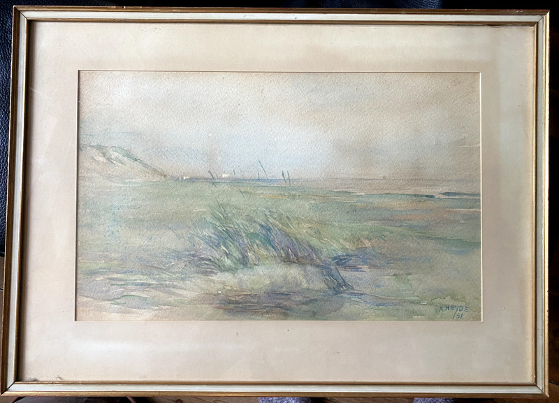 Watercolour A. Heyde 1951 Fischernetze Sea Baltic North Antik Coast Dunes Beach