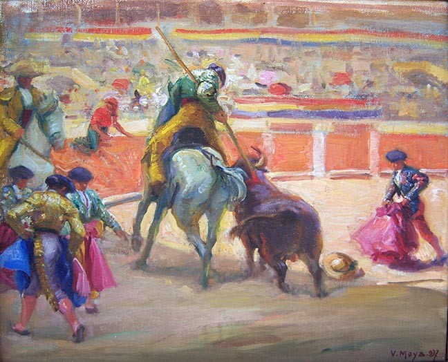 VICTOR MOYA Y CALVO Signed 1937 Original Oil Painting – «Bullfight»