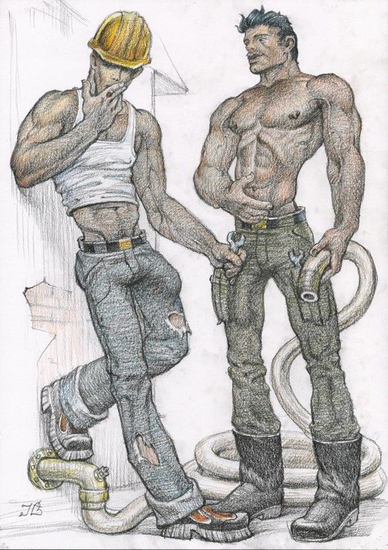 Gay Art original painting «Workers »  16,5 * 11,6 in. nude erotica