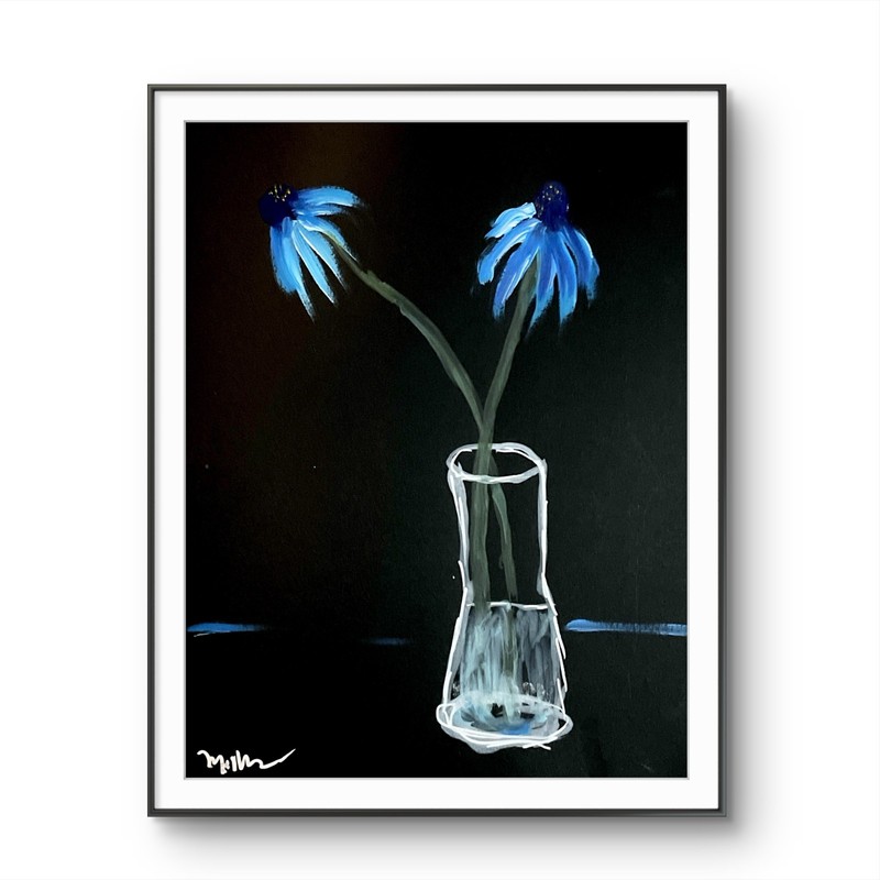 Mary Myers Original Blue Flowers Vase 11×14 Mixed Media Signed Expressionist Flo