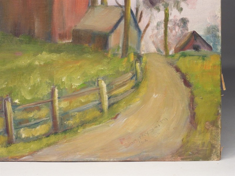 1962 Dorothy Smith Folksy American Red Barn in Farm Yard O/B Painting gallery