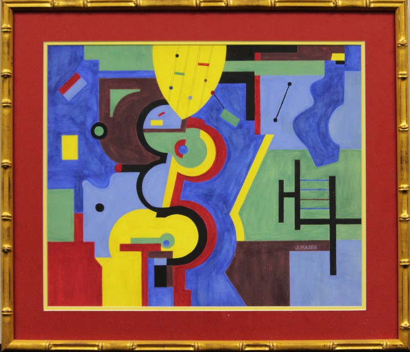 Cubist Framed c1960s Abstract Watercolor in Gilt Bamboo Custom Frame