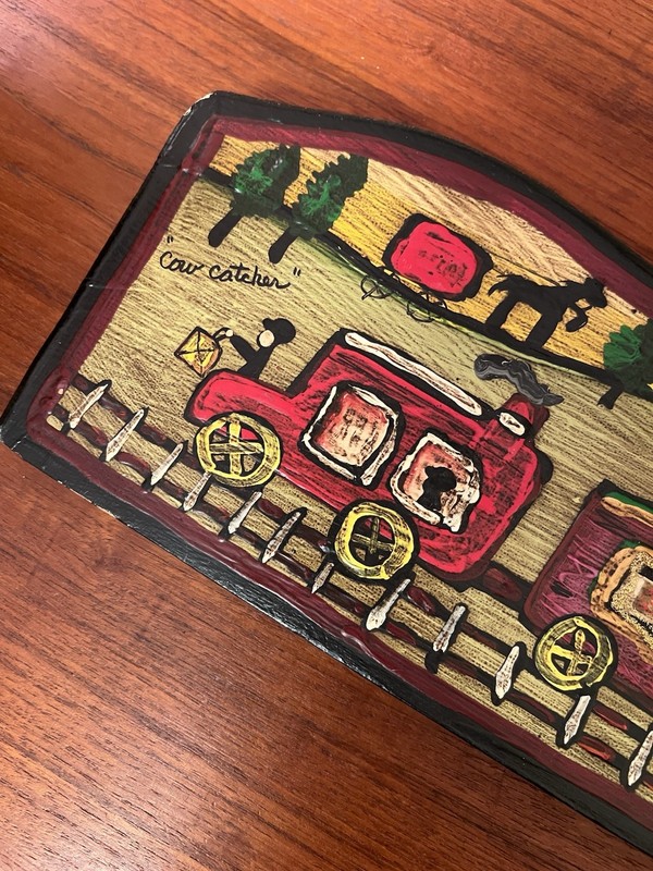 Bonnie Grilli Signed Folk Art Original Painting on Wood “Cow Catcher” Train RR gallery