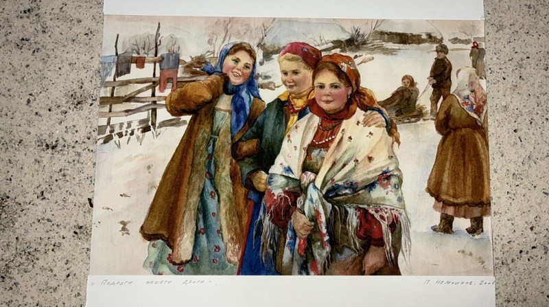 PETR NEMCHINOV 2008 vtg original Russian watercolor painting Neighborhood girls
