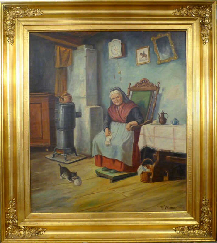 TH. WINCHLER! LARGE INTERIOR SCENE WITH OLD WOMAN AND HER CAT.