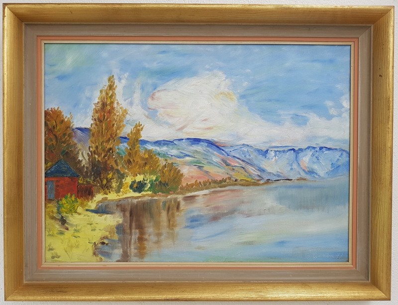 No:262 Oil Painting Artwork with Frame Landscape Forest Lake Mountains Nature 1947 Year