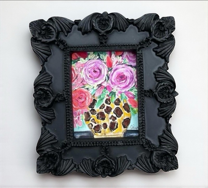 Leopard Vase with Flowers 🌺 mini watercolor print in black ornate frame