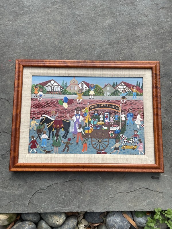 german folk art painting – First Birthday Party Scene – Signed On Board
