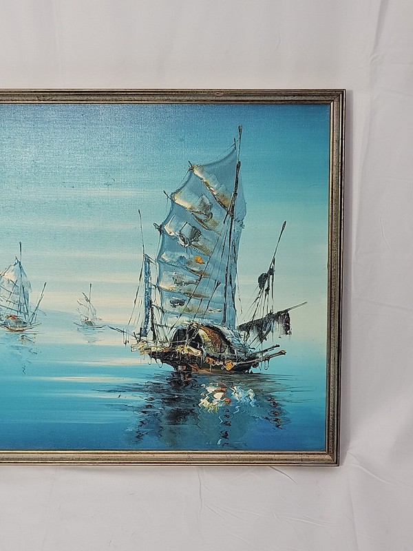 OIL ON CANVAS Asian Junk Fishing Boats Nautical Painting By SAM CHENG 25"x 19" gallery