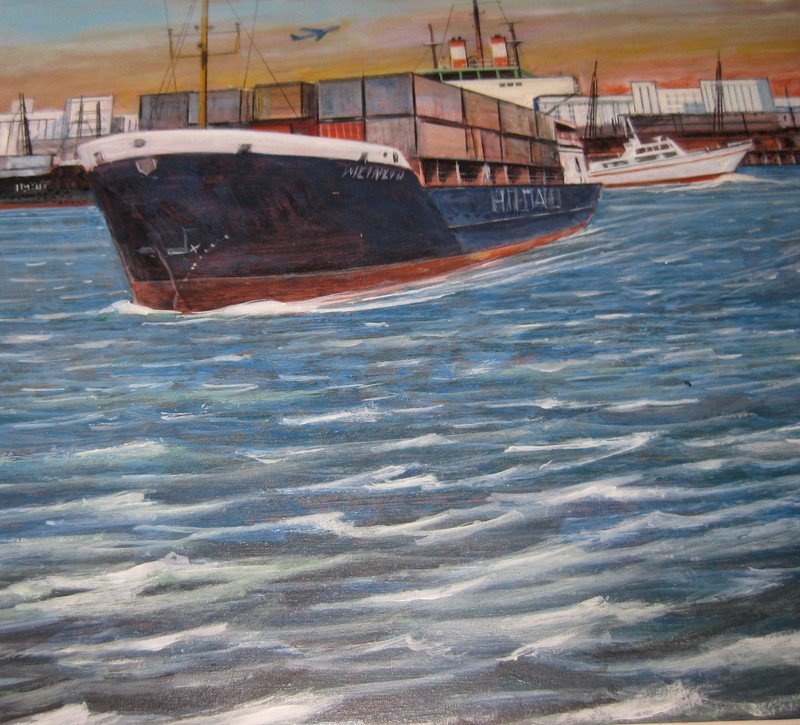 GEORGE BOWMAN USAF HELICOPTER OVER CARGO BOATS PAINTING gallery