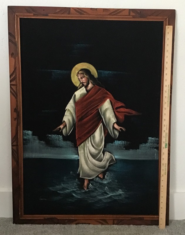 Vtg Large Black Velvet Oil Painting of Jesus Walking on Water Mexico 39” X 28.5”