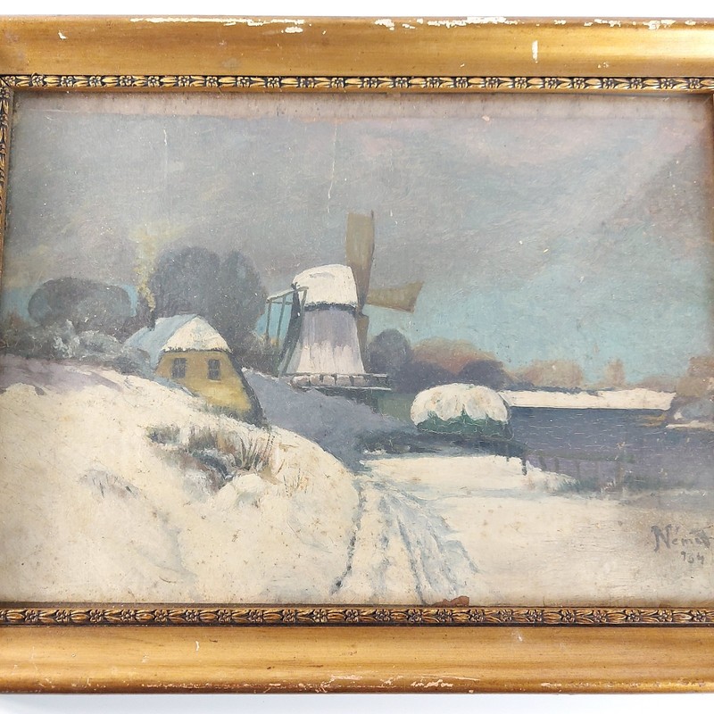 Antique Landscape Oil Painting Winter Scene With Windmill 1930s - 15" x 12" gallery