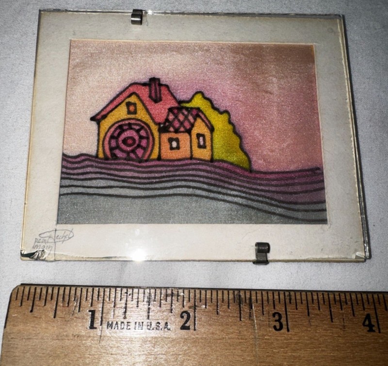 Hand Painted Acrylic water color On Silk Artwork Cottage Watermill Scene